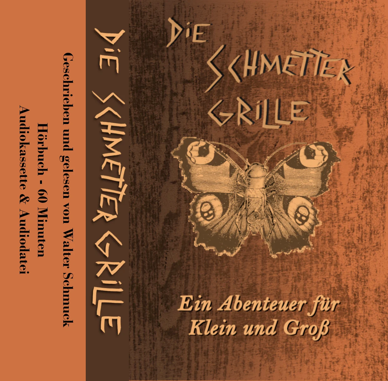 Kassettencover „Die Schmettergrille“ mit Nachtpfauenauge auf Holzstruktur